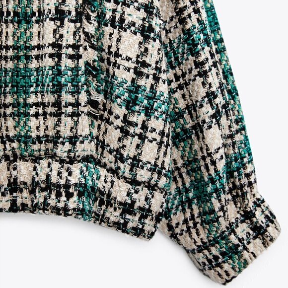 New Zara Plaid Textured Tweed Oversized Bomber Green Chanel Style Jacket NWT XS - Picture 10 of 17